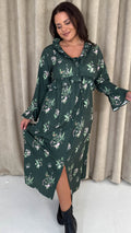 CurveWow Ruffle Button Front Flare Sleeve Midi Dress Green Floral