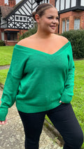 CurveWow Off The Shoulder Knitted Jumper Emerald