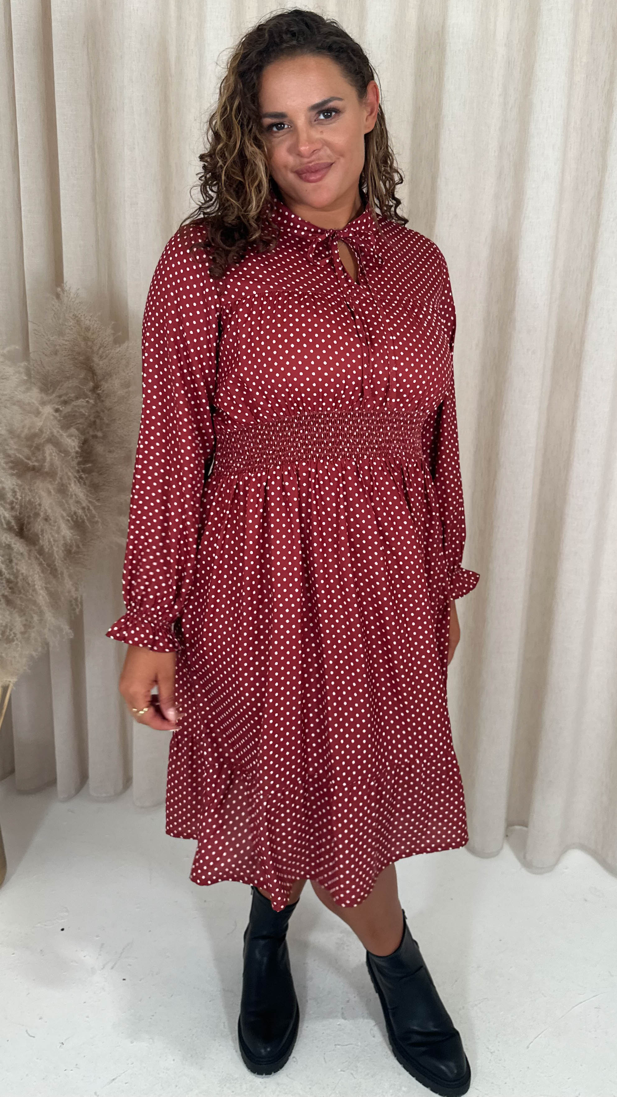 CurveWow Shirred Waist Tie Neck Dress Red Spot