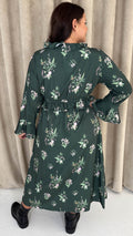CurveWow Ruffle Button Front Flare Sleeve Midi Dress Green Floral