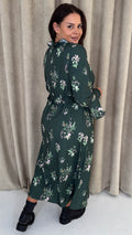 CurveWow Ruffle Button Front Flare Sleeve Midi Dress Green Floral