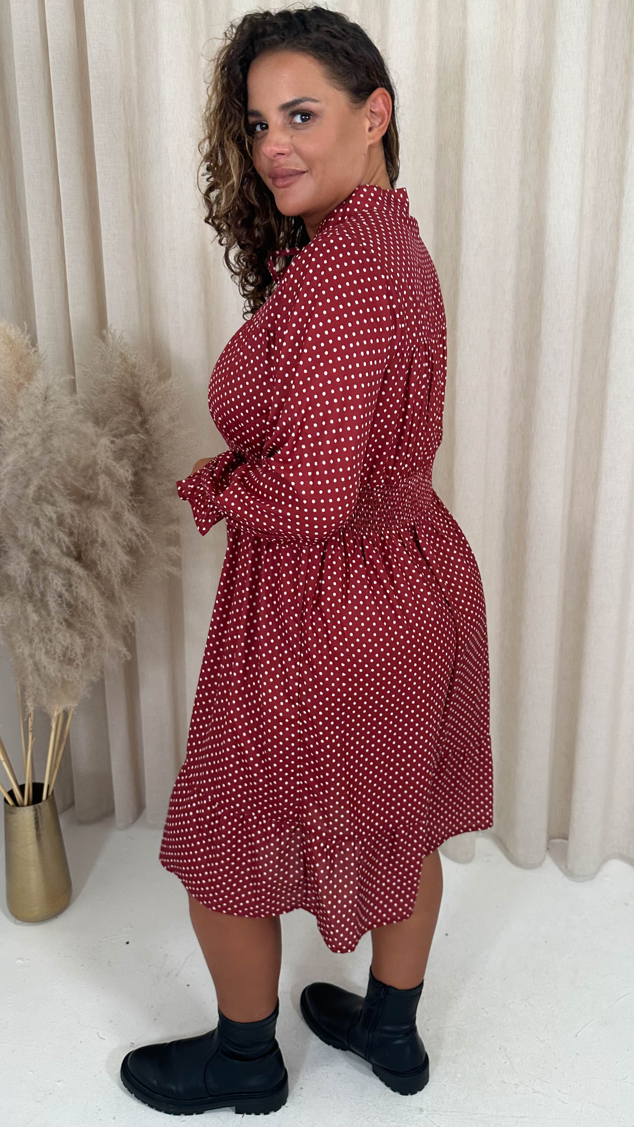 CurveWow Shirred Waist Tie Neck Dress Red Spot
