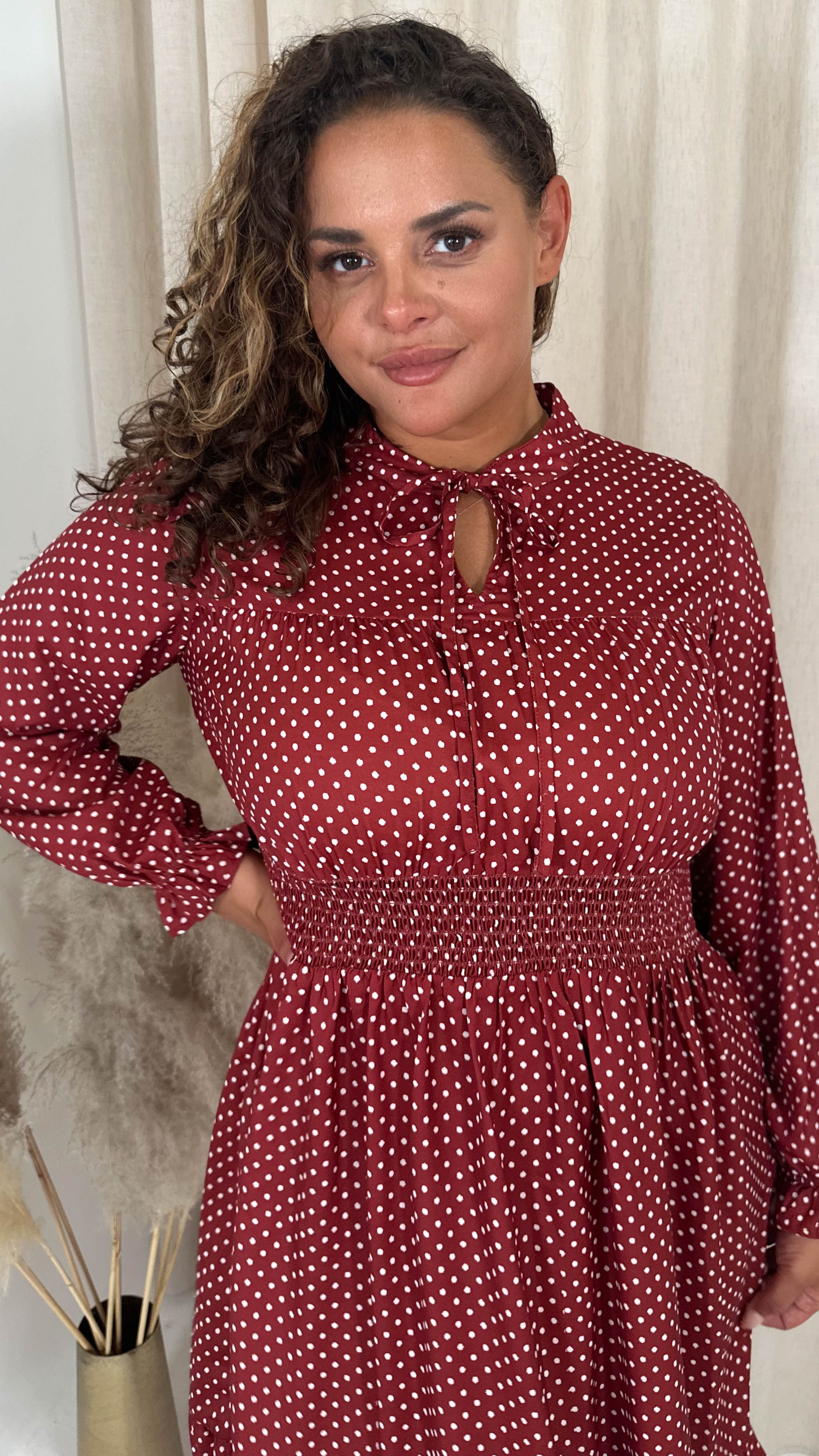 CurveWow Shirred Waist Tie Neck Dress Red Spot