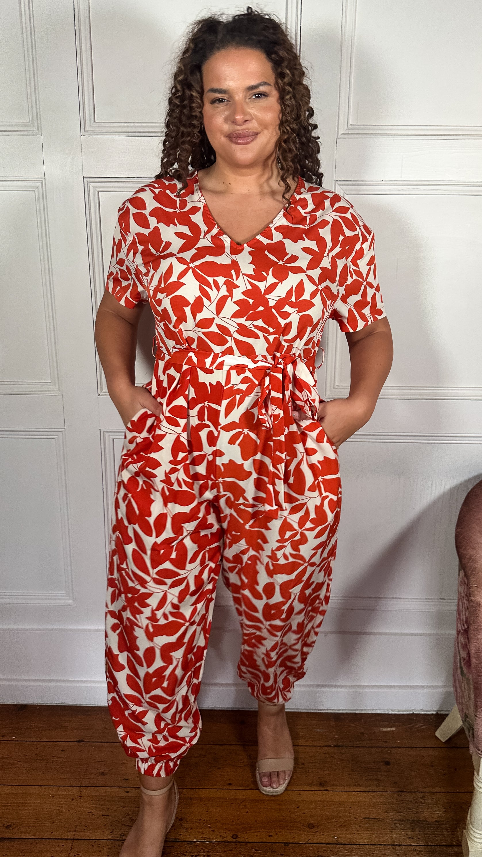 CurveWow V-Neck Tie Waist Jumpsuit Red/Orange