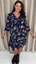 CurveWow Ruched Front Tiered Hem Dress Navy Floral