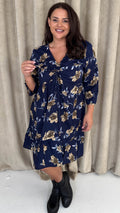 CurveWow Ruched Front Tiered Hem Dress Navy Floral