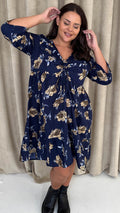 CurveWow Ruched Front Tiered Hem Dress Navy Floral