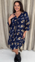 CurveWow Ruched Front Tiered Hem Dress Navy Floral