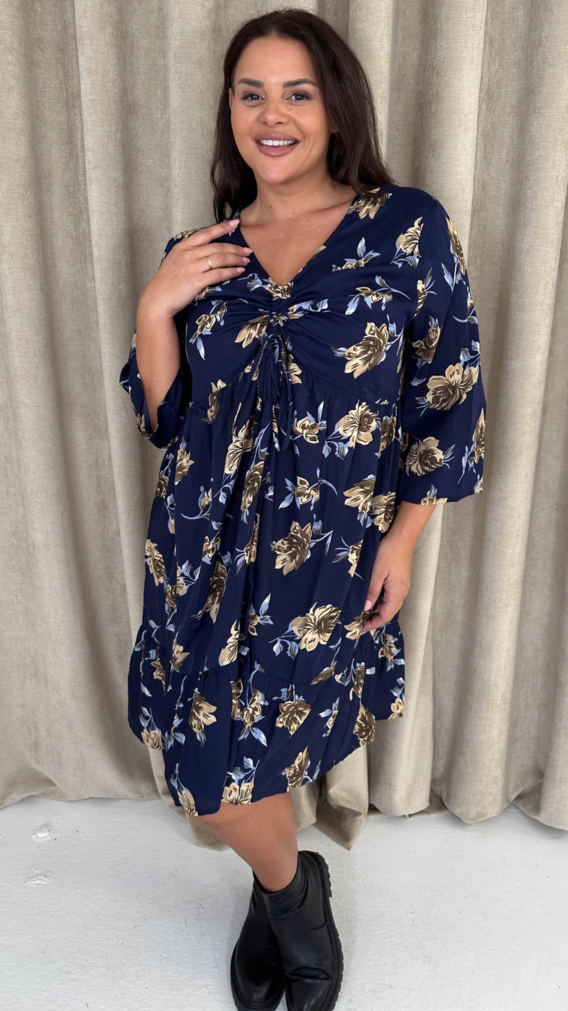 CurveWow Ruched Front Tiered Hem Dress Navy Floral