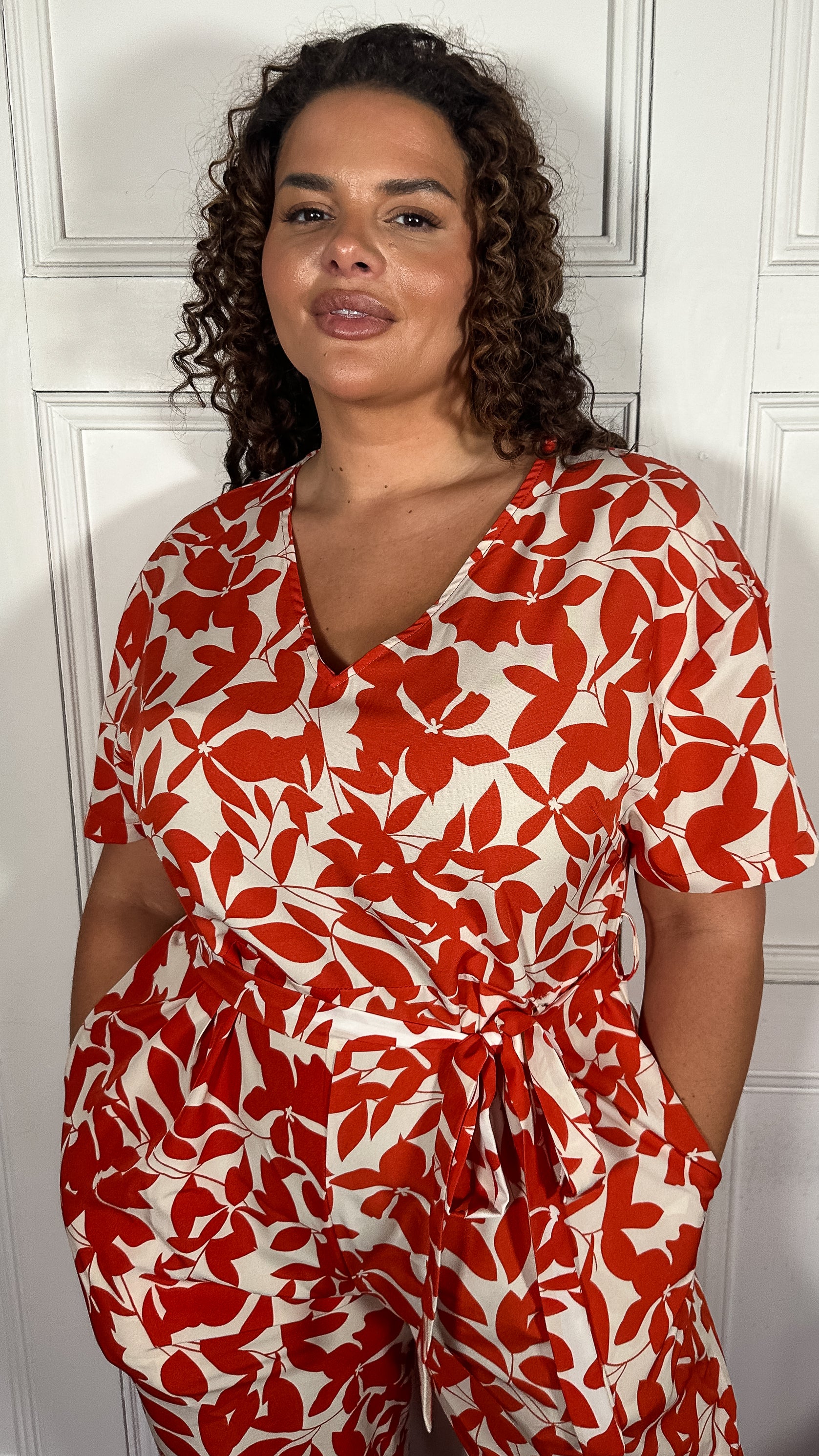 CurveWow V-Neck Tie Waist Jumpsuit Red/Orange