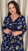 CurveWow Ruched Front Tiered Hem Dress Navy Floral
