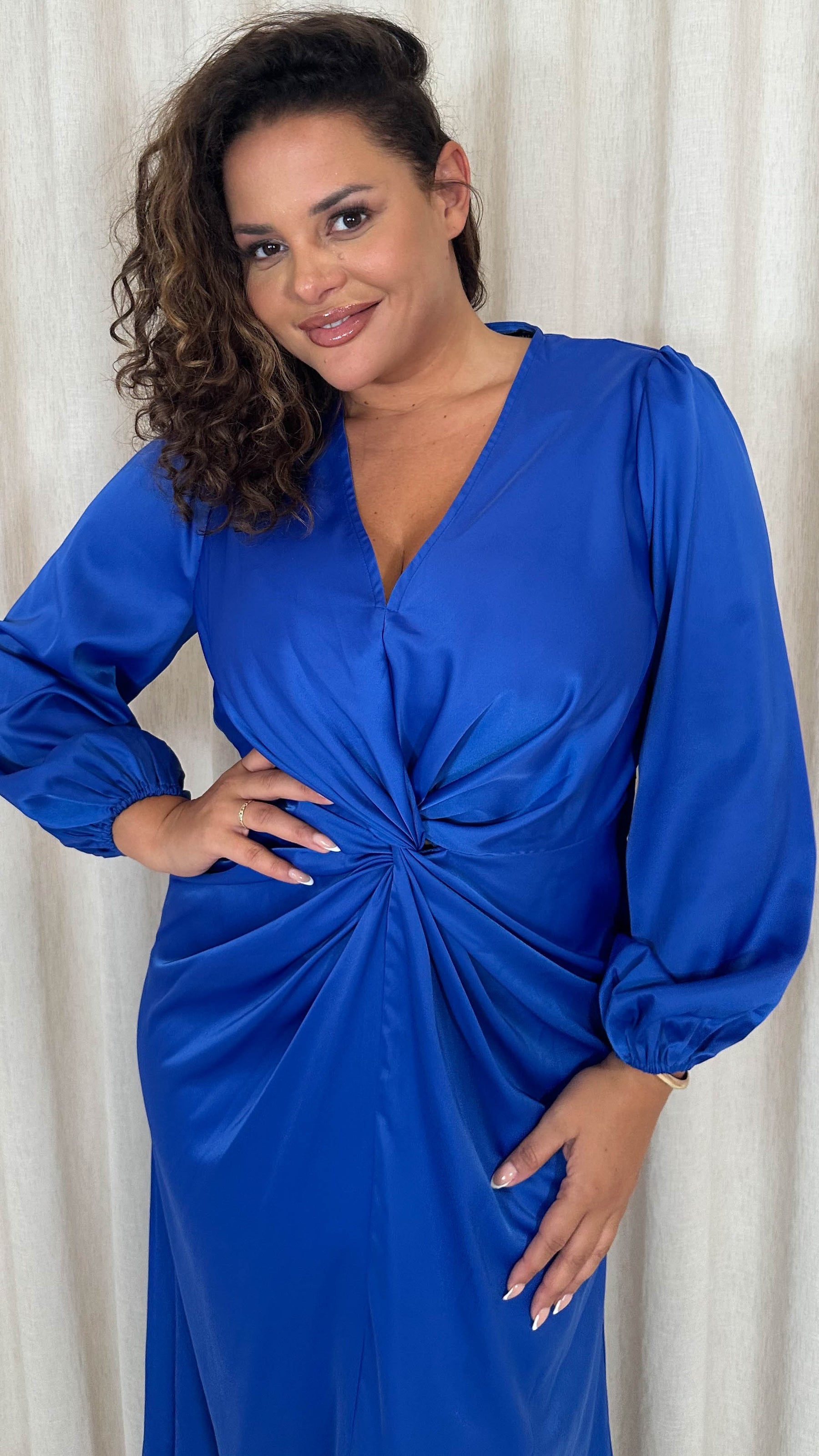 CurveWow Twist Front Satin Maxi Dress Cobalt Blue Curvewow CurveWow Twist Front Satin Maxi Dress Cobalt Blue Curvewow