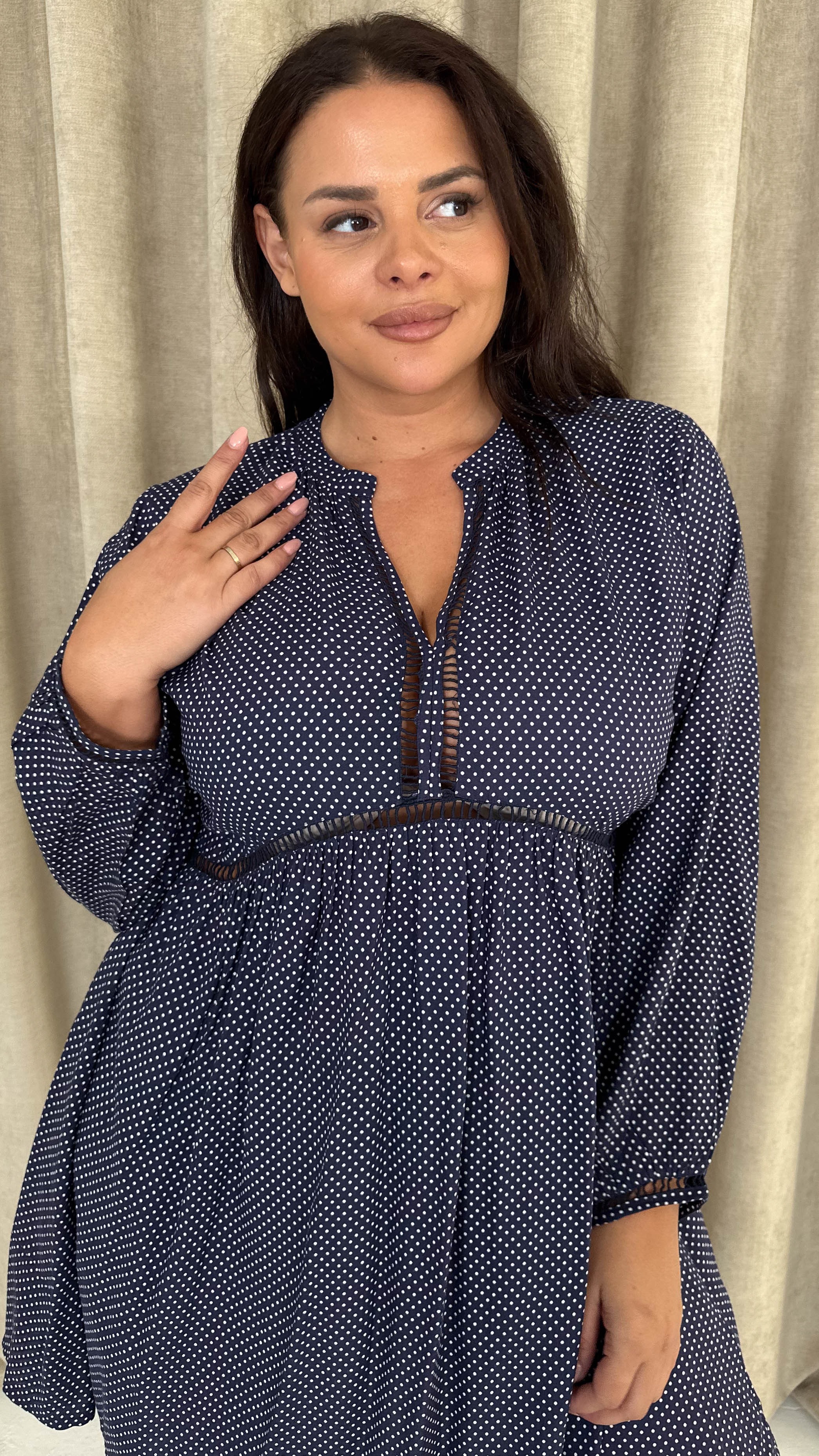 CurveWow Trim Detail Smock Dress Navy Spot Curvewow CurveWow Trim Detail Smock Dress Navy Spot Curvewow