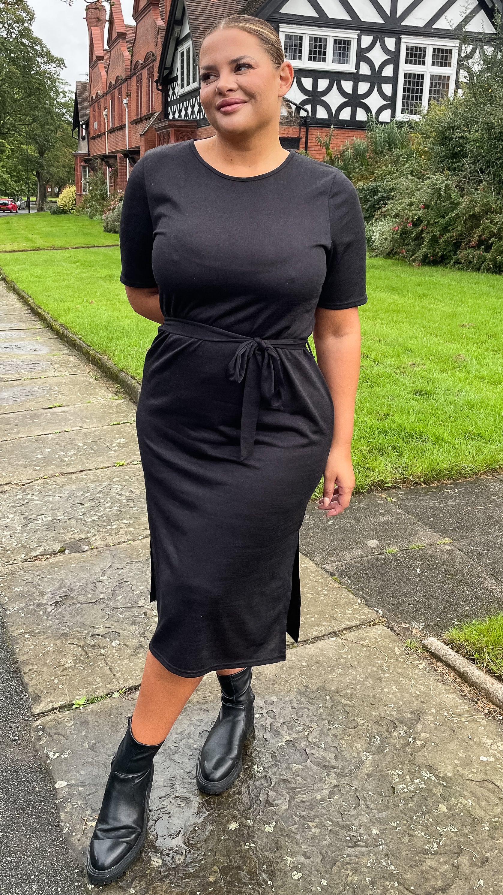 CurveWow Tie Waist Knit Dress Black Curvewow CurveWow Tie Waist Knit Dress Black Curvewow