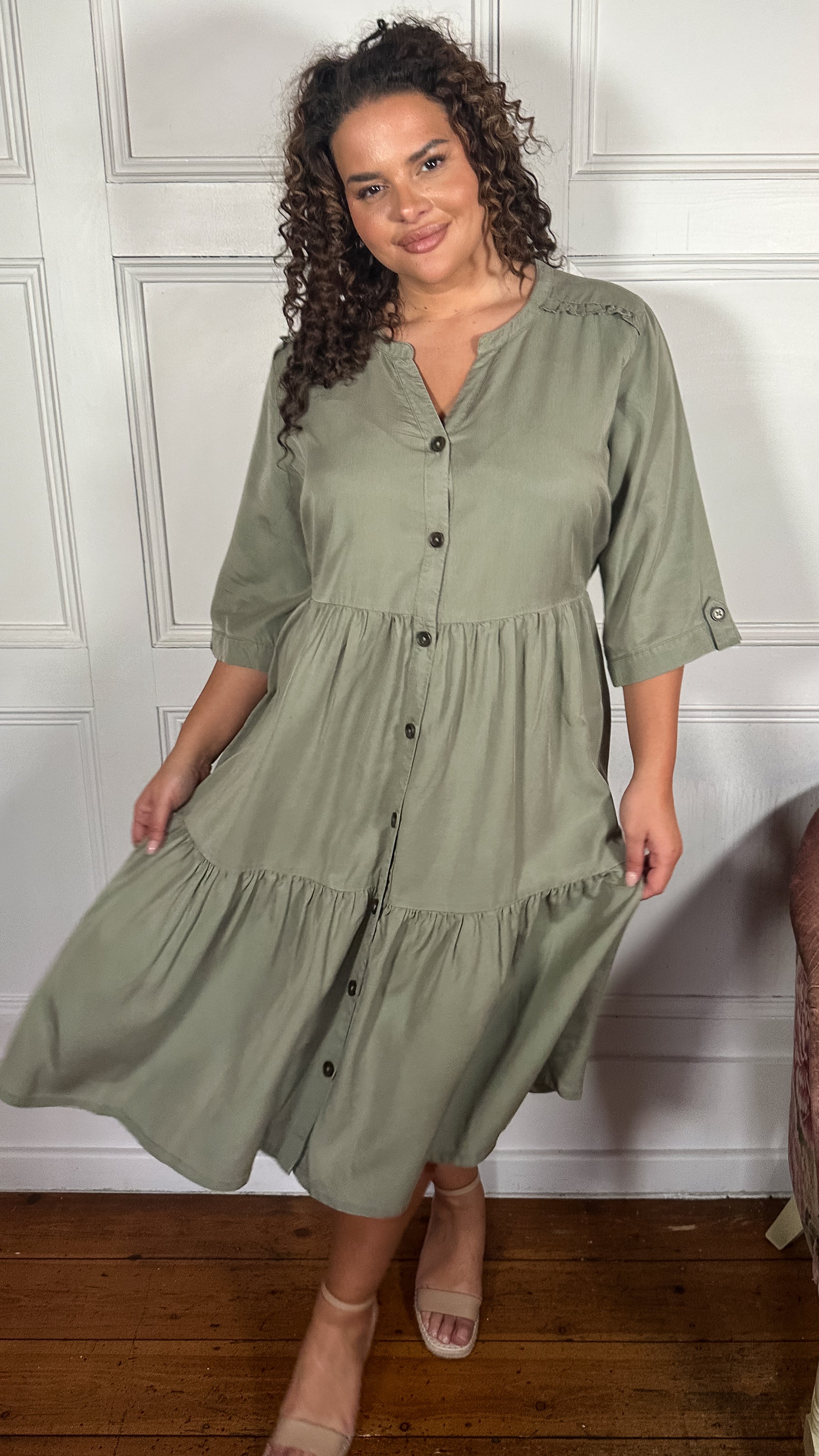CurveWow Tencel Button Front Tiered Dress Khaki