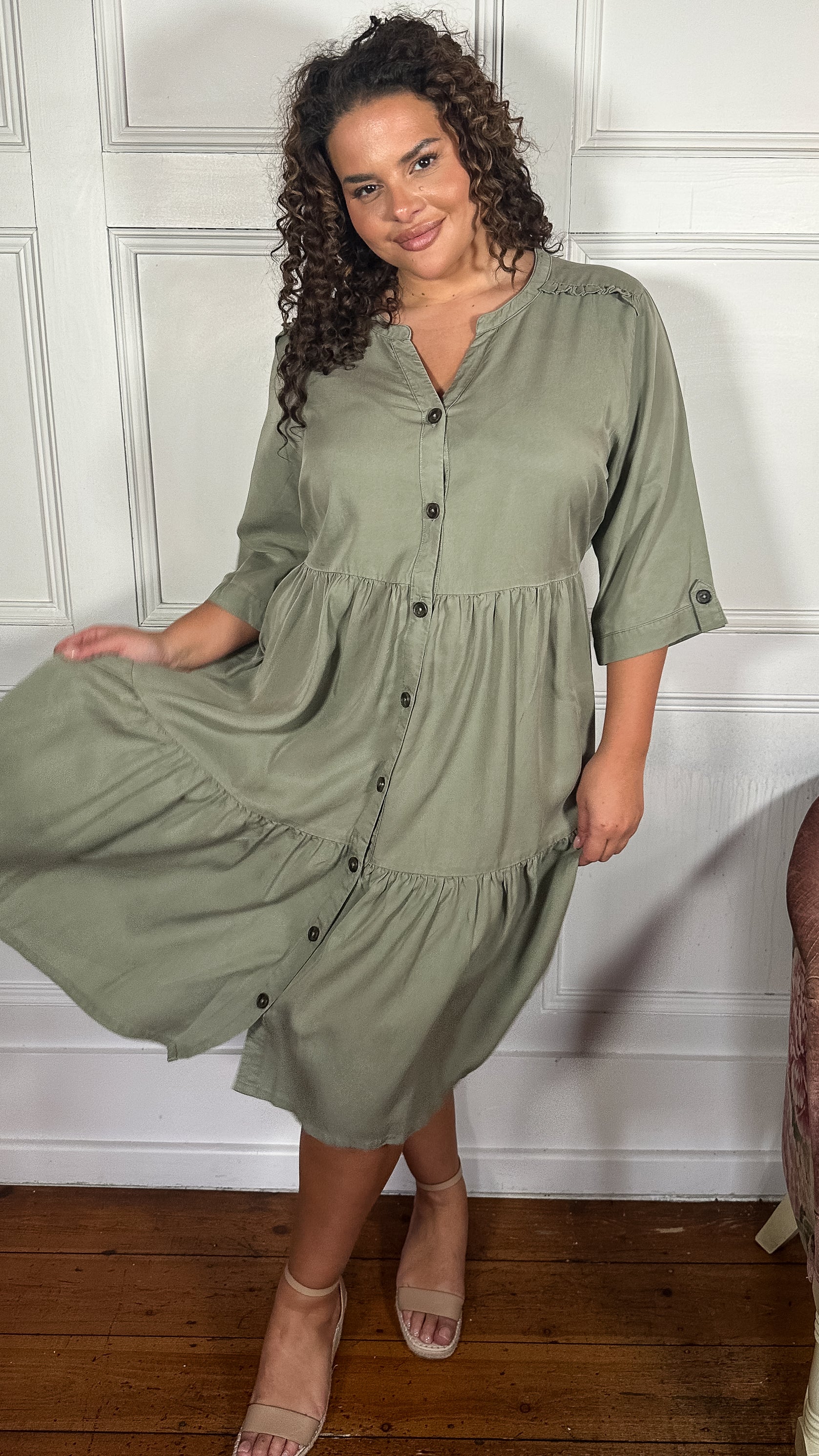 CurveWow Tencel Button Front Tiered Dress Khaki
