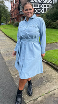 CurveWow Denim Belted Oversized Shirt Dress Mid Blue Wash