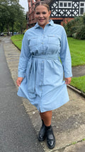 CurveWow Denim Belted Oversized Shirt Dress Mid Blue Wash