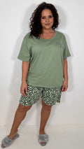 CurveWow Oversized Short Pyjama Set Green Leopard