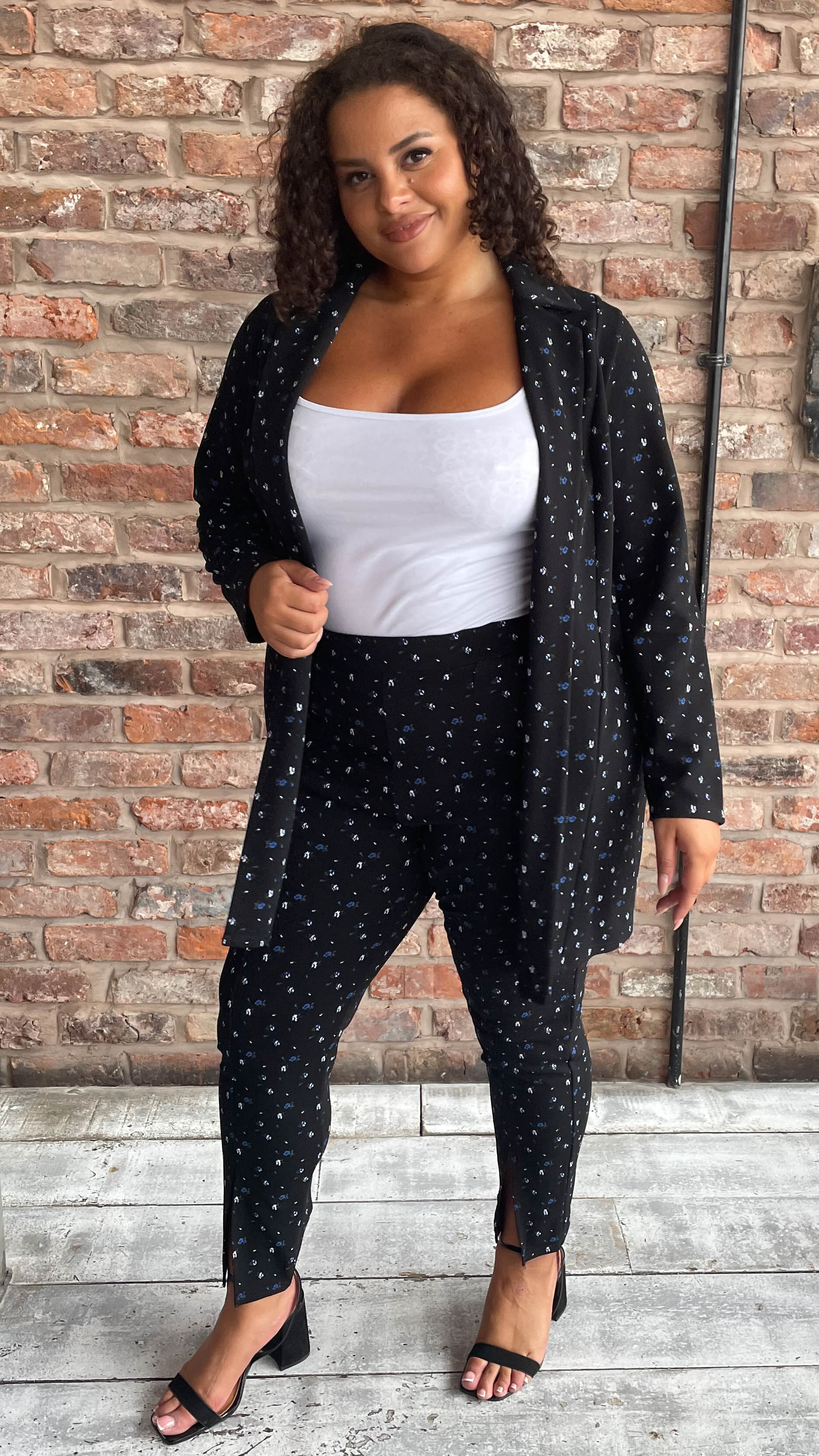 CurveWow Ditsy Print Split Hem Trouser Black