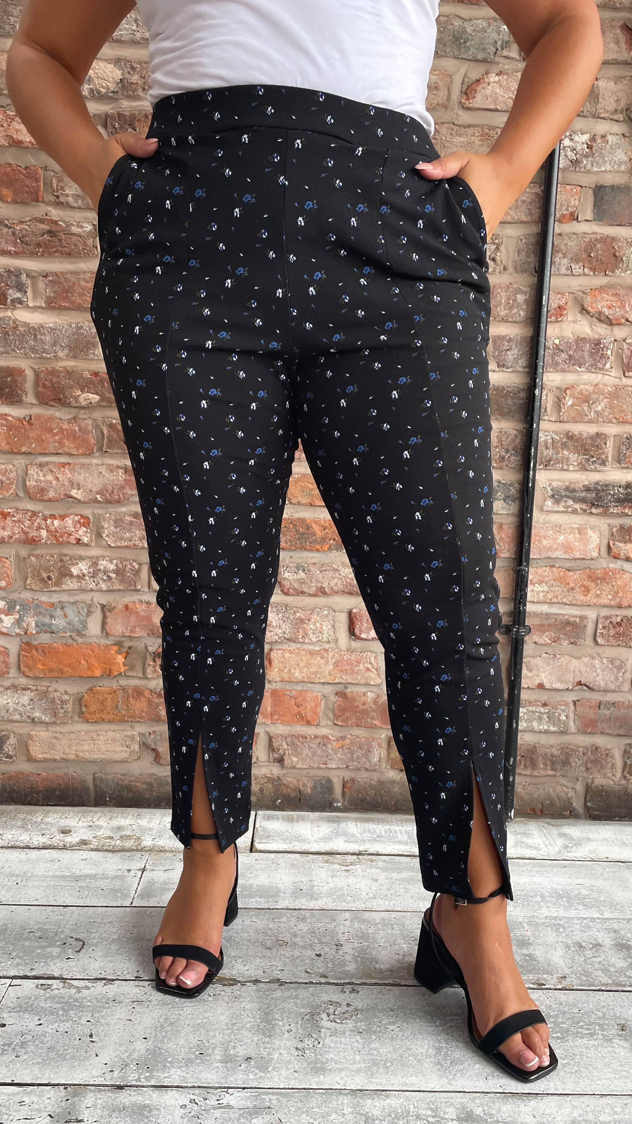 CurveWow Ditsy Print Split Hem Trouser Black