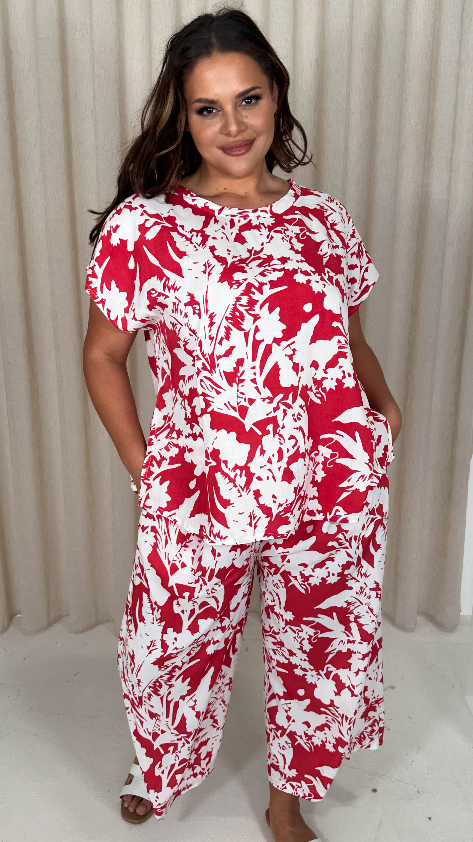 CurveWow Woven Wide Leg Trouser Red Floral