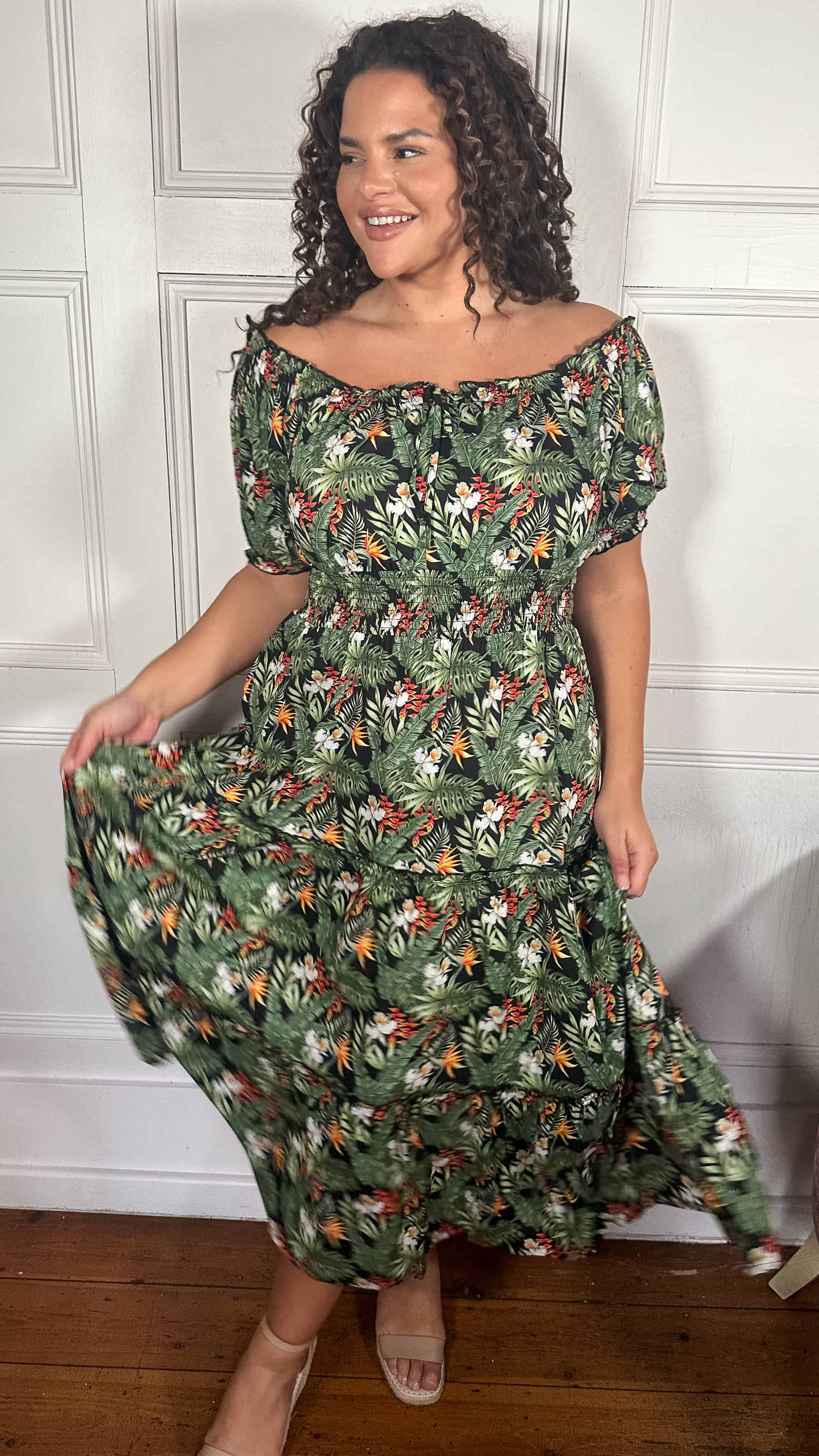 CurveWow Bardot Shirred Waist Midi Dress Black Tropical