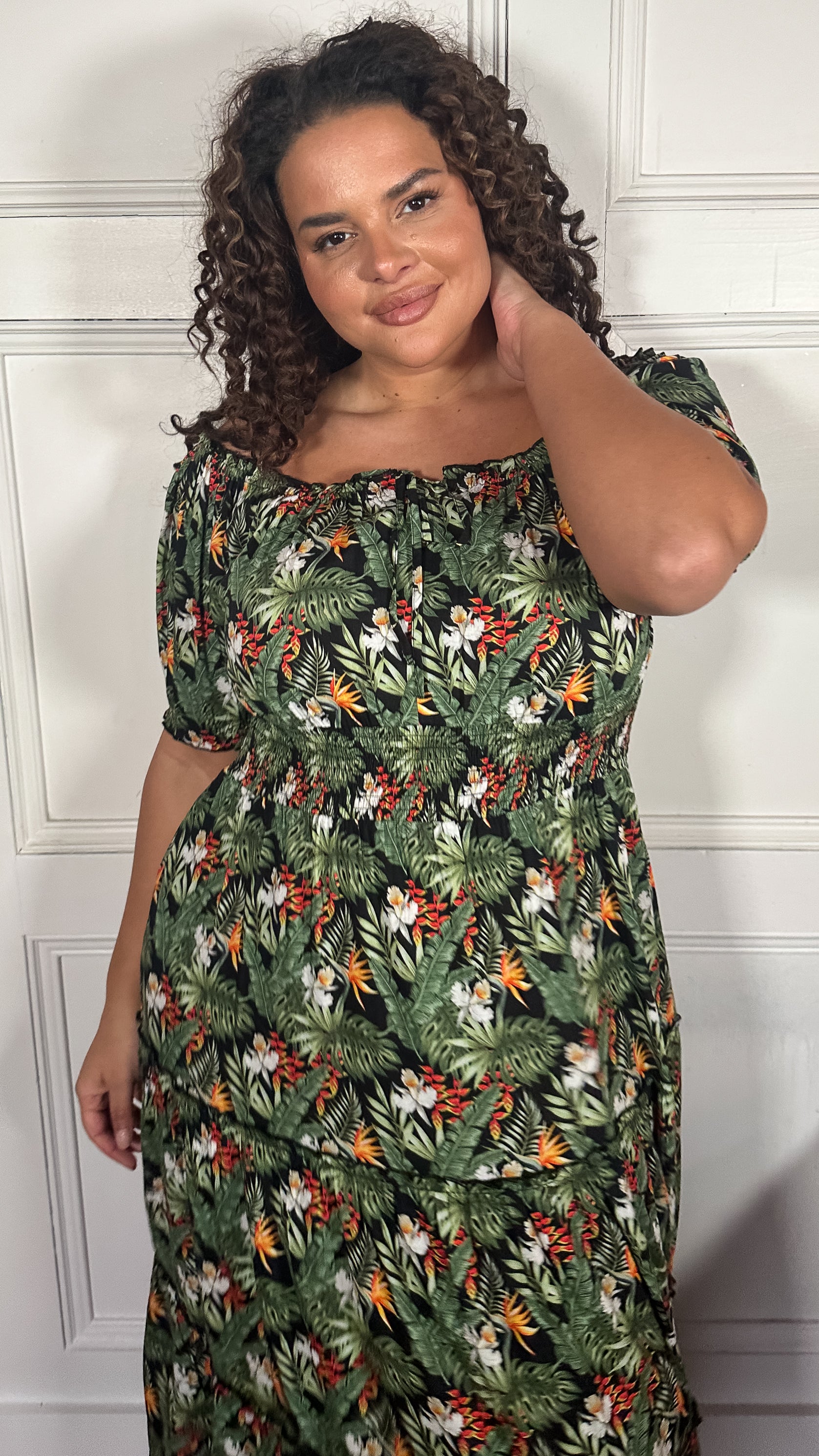 CurveWow Bardot Shirred Waist Midi Dress Black Tropical