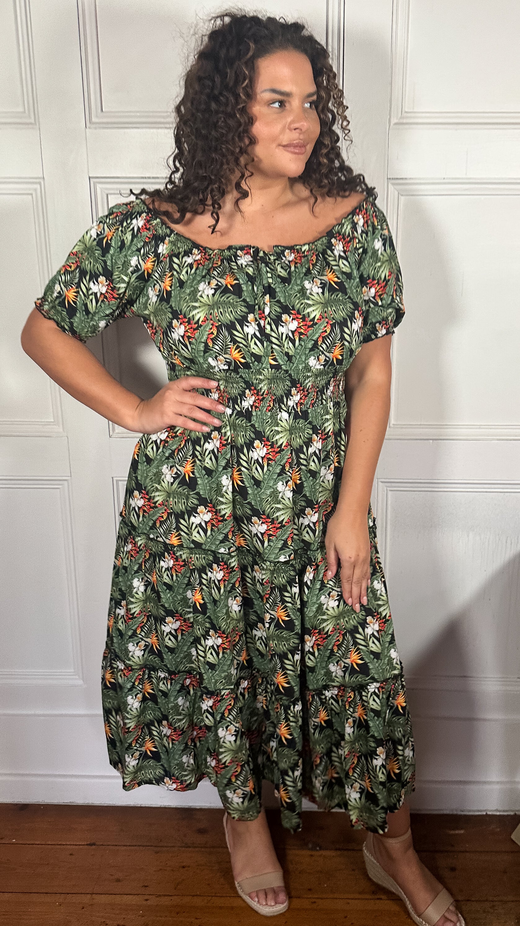 CurveWow Bardot Shirred Waist Midi Dress Black Tropical