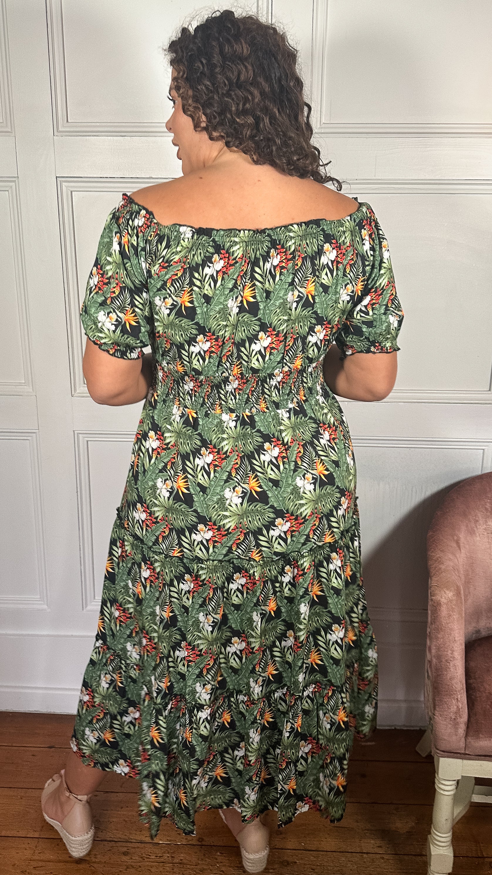 CurveWow Bardot Shirred Waist Midi Dress Black Tropical