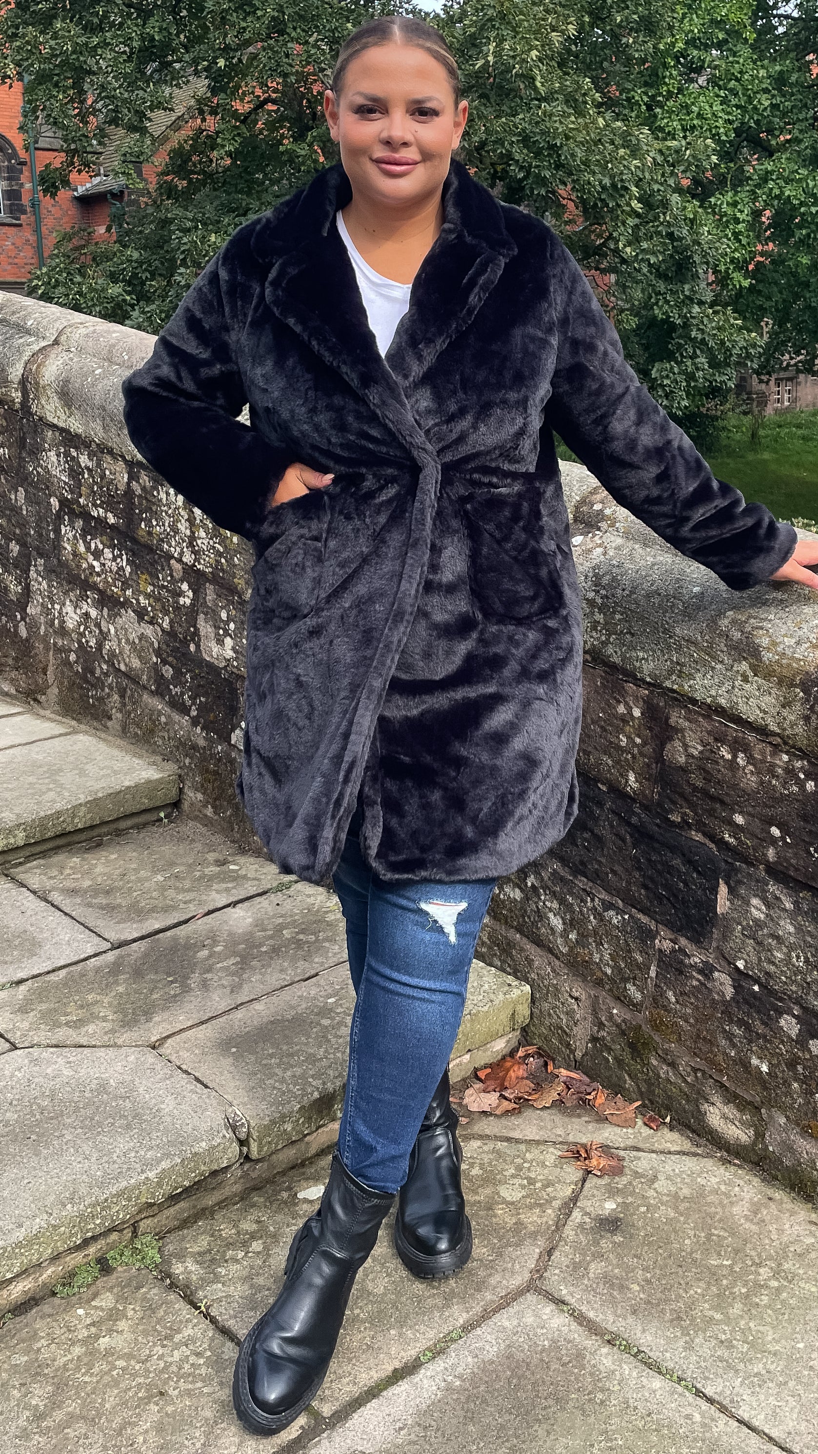 CurveWow Faux Fur Button Front Coat Black