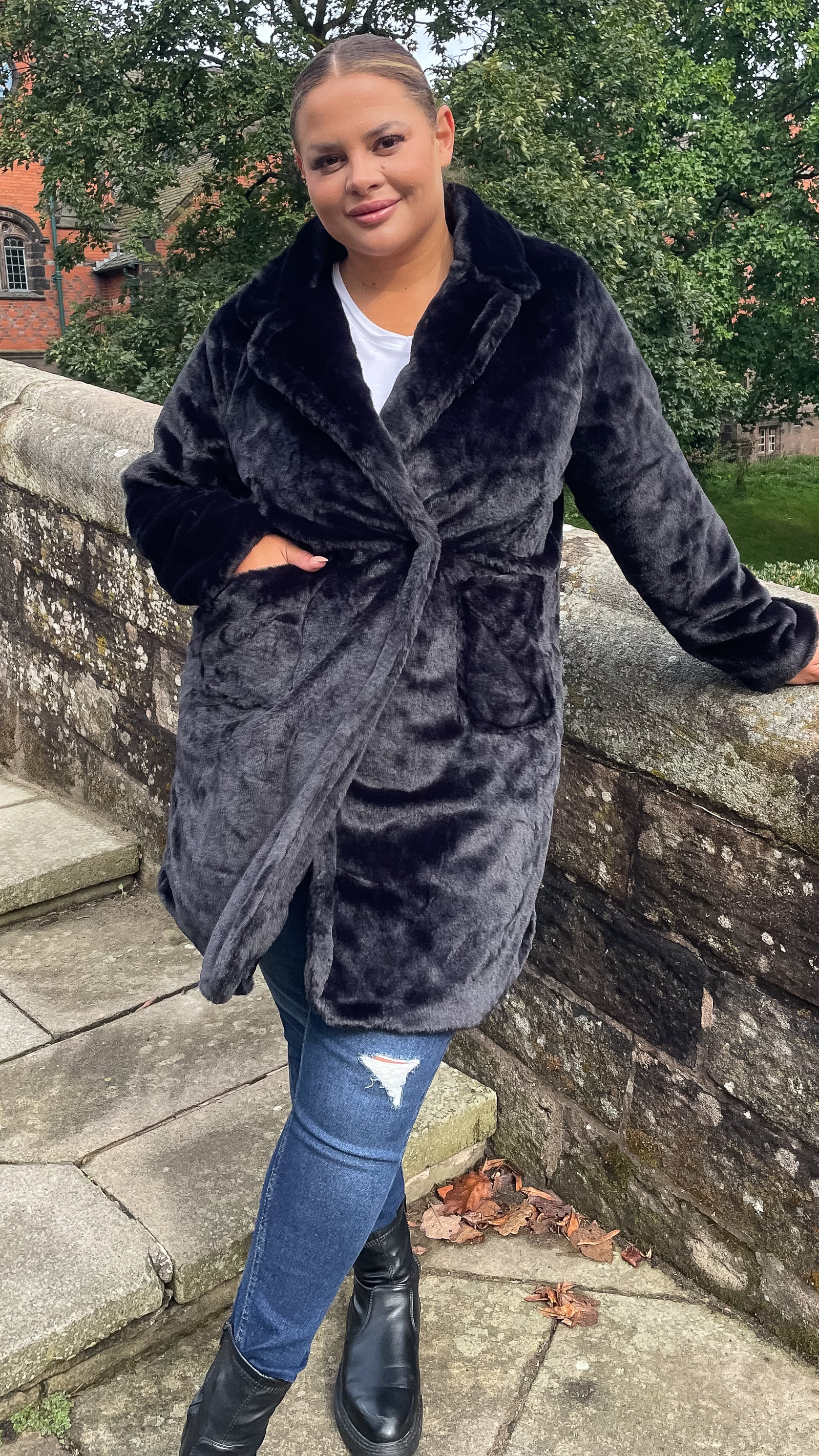 CurveWow Faux Fur Button Front Coat Black
