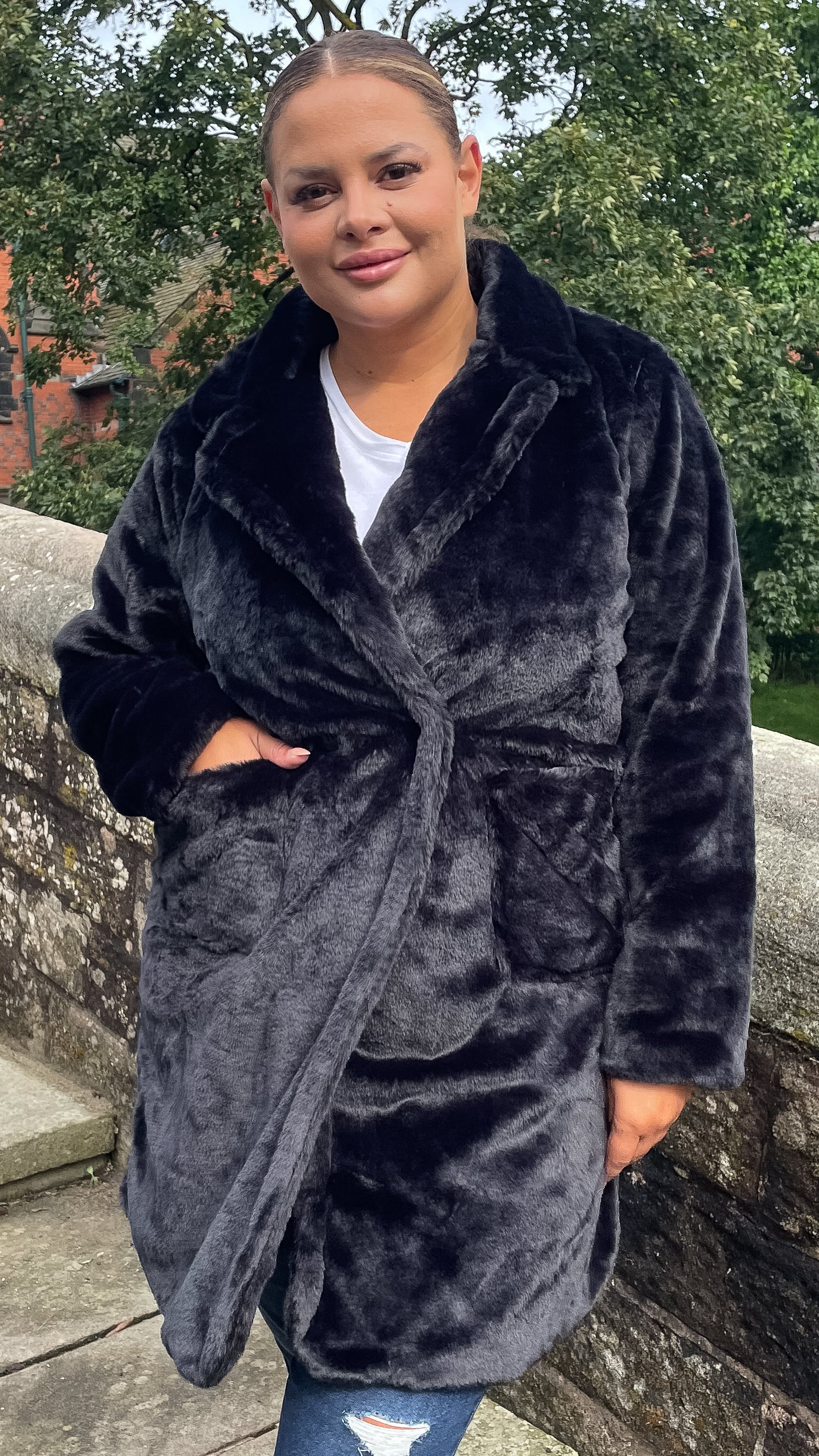 CurveWow Faux Fur Button Front Coat Black