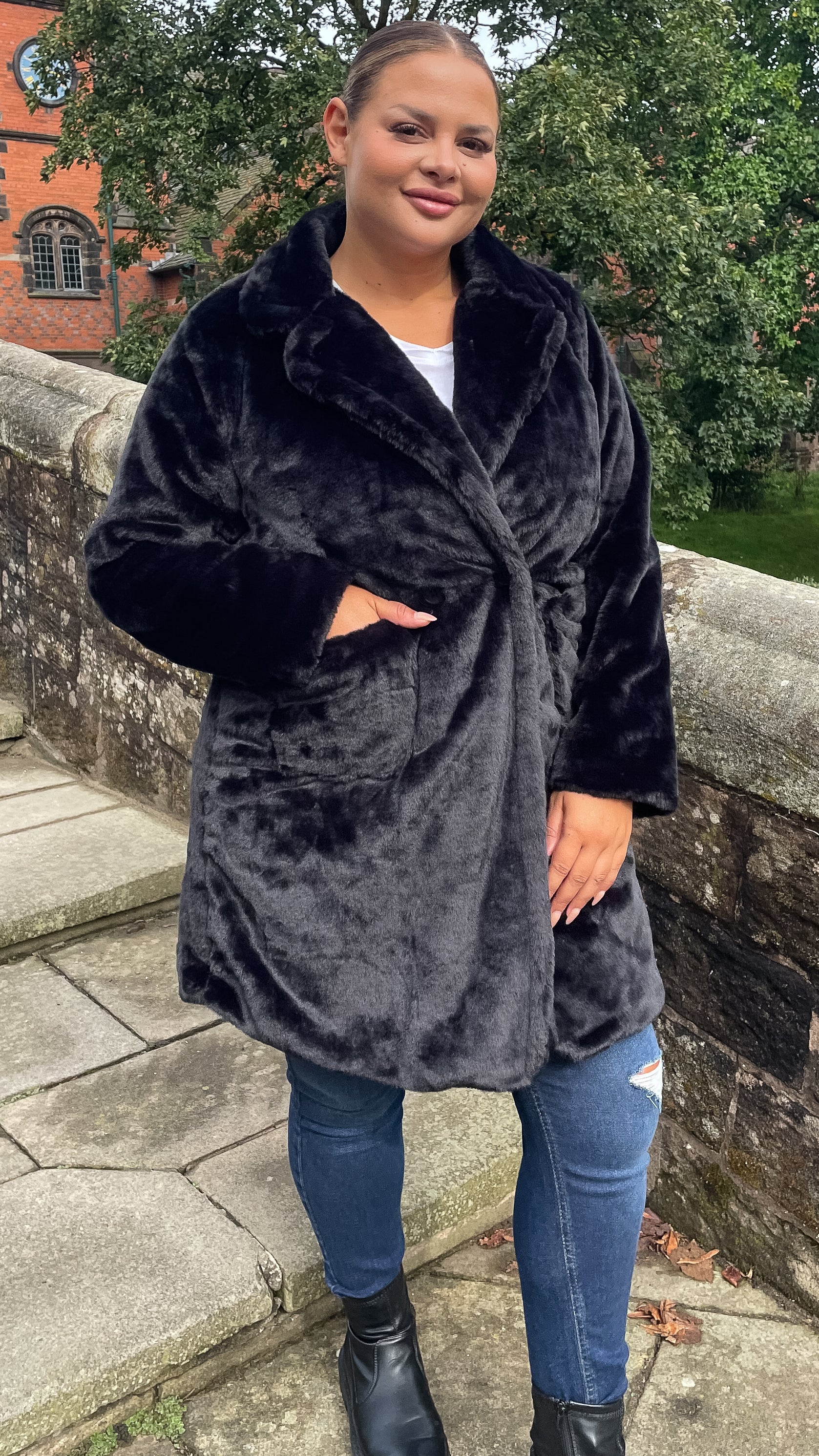 CurveWow Faux Fur Button Front Coat Black