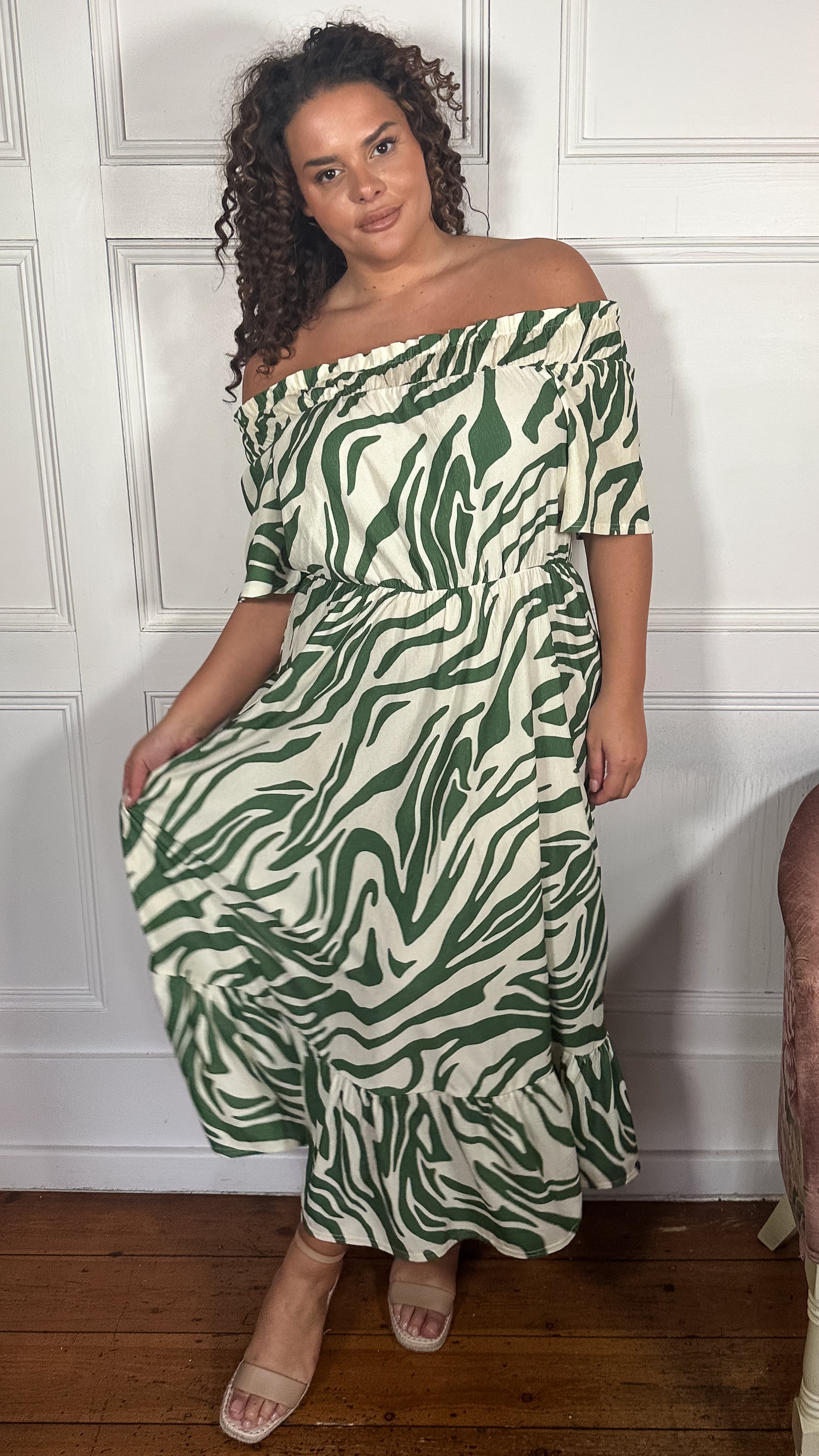 CurveWow Bardot Maxi Dress Green Zebra Curvewow CurveWow Bardot Maxi Dress Green Zebra Curvewow