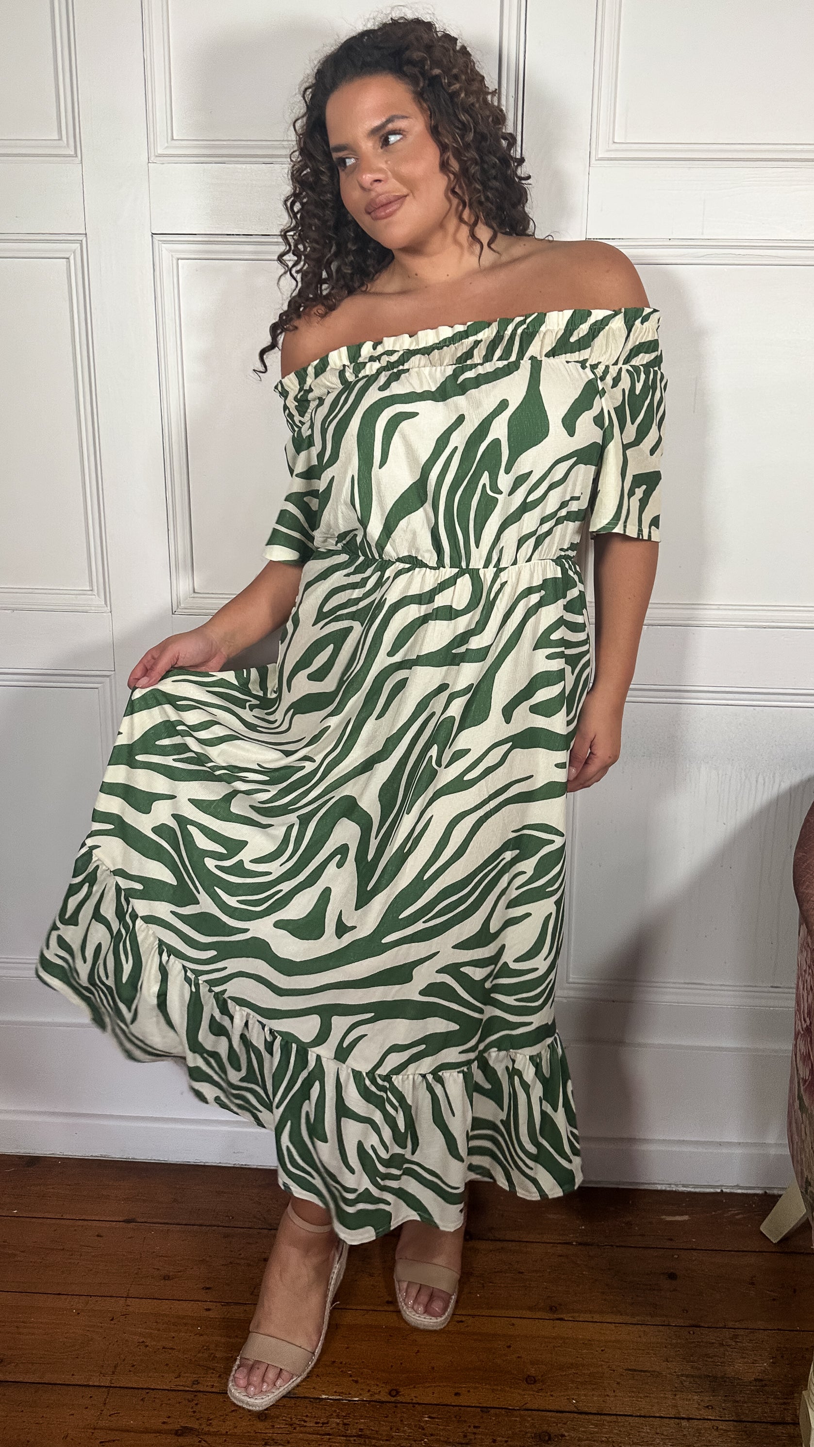 CurveWow Bardot Maxi Dress Green Zebra Curvewow CurveWow Bardot Maxi Dress Green Zebra Curvewow
