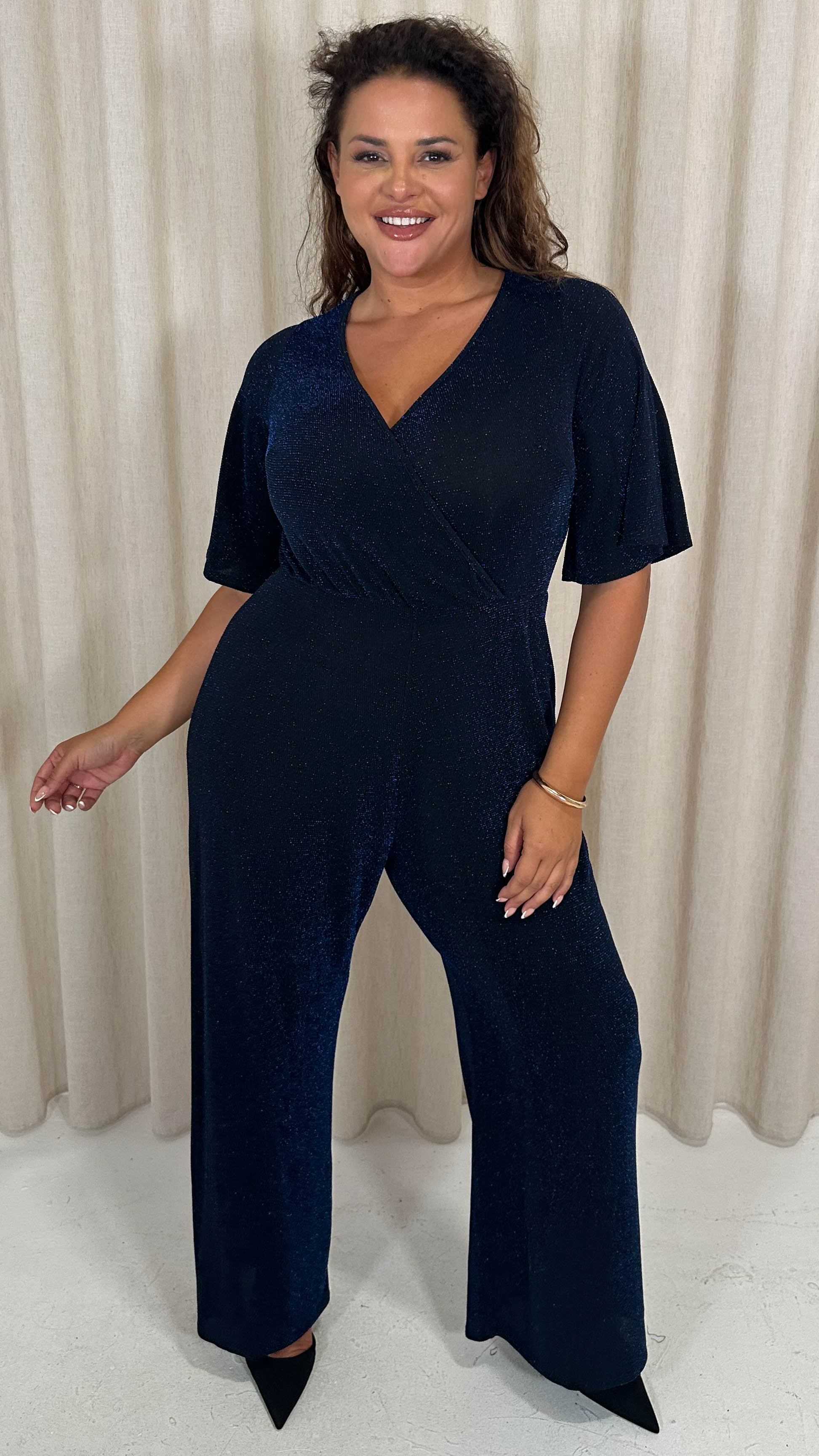 CurveWow Sparkle Wrap Jumpsuit Black and Blue