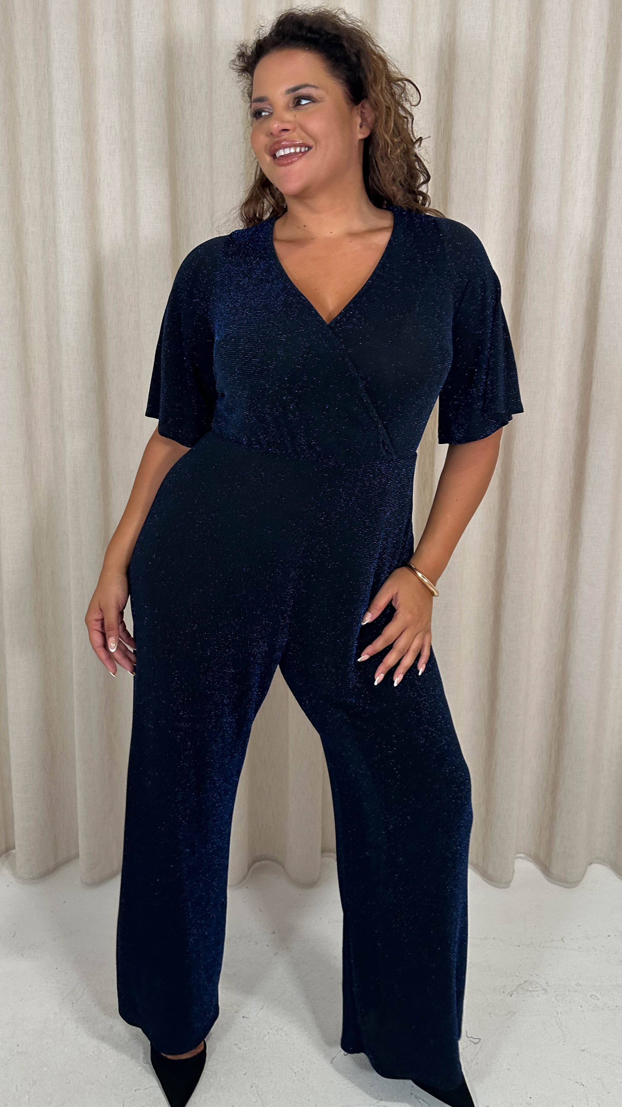 CurveWow Sparkle Wrap Jumpsuit Black and Blue