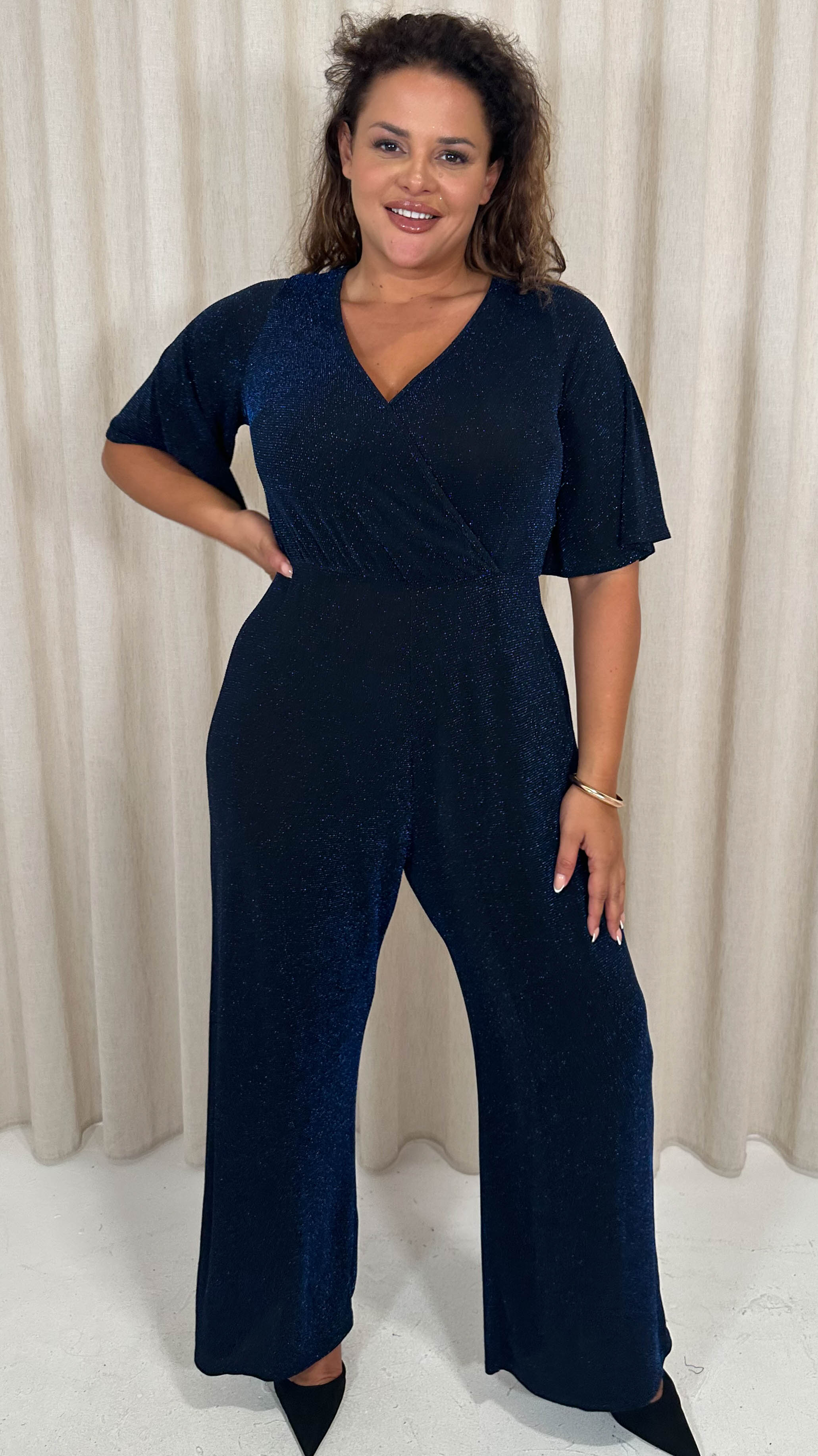 CurveWow Sparkle Wrap Jumpsuit Black and Blue
