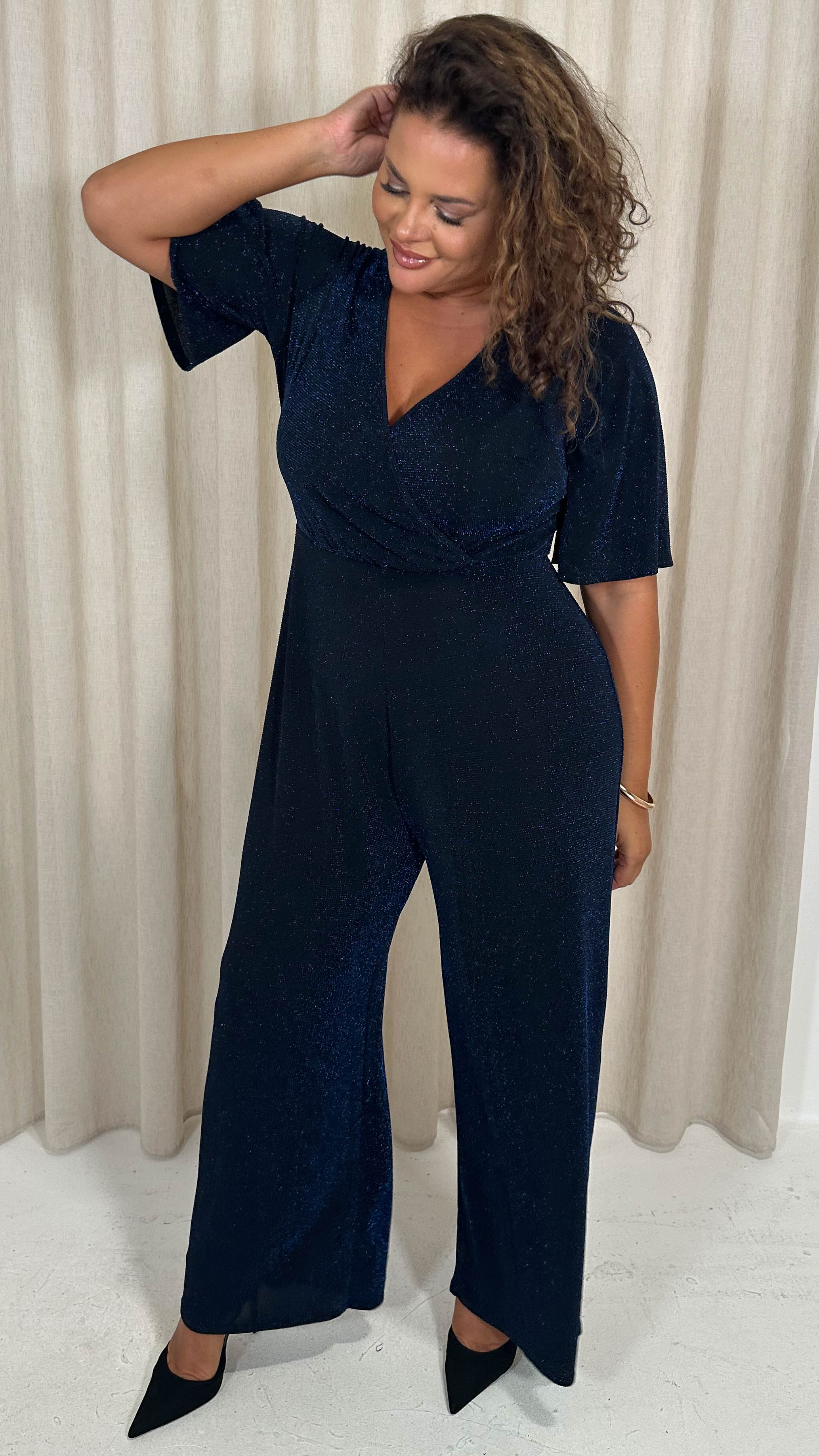 CurveWow Sparkle Wrap Jumpsuit Black and Blue