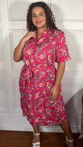 CurveWow Tie Waist Midi Shirt Dress Fuchsia Floral