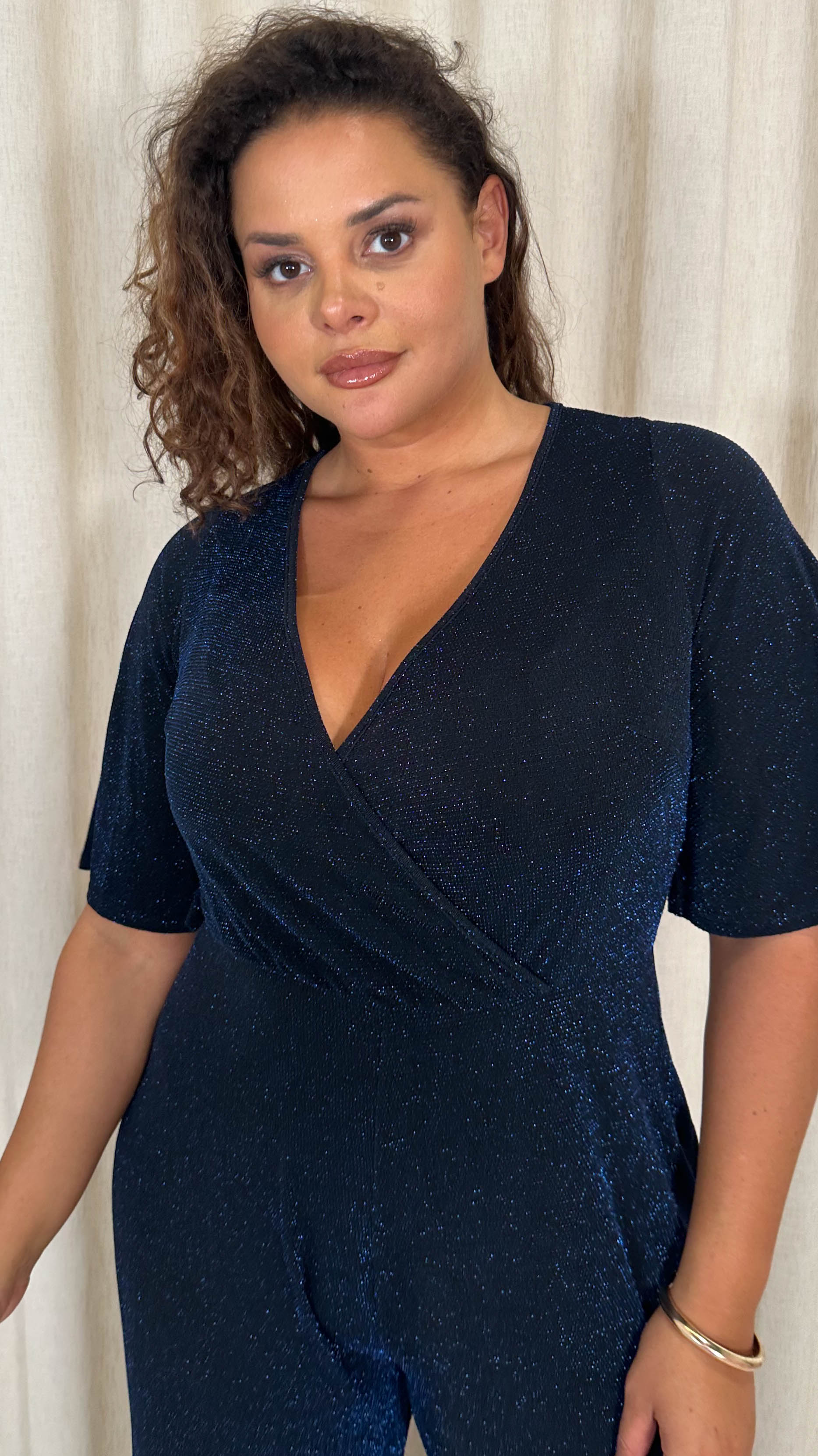 CurveWow Sparkle Wrap Jumpsuit Black and Blue