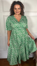 CurveWow Wrap Angel Sleeve Trapeze Midi Dress Green Ditsy
