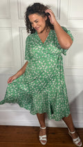 CurveWow Wrap Angel Sleeve Trapeze Midi Dress Green Ditsy