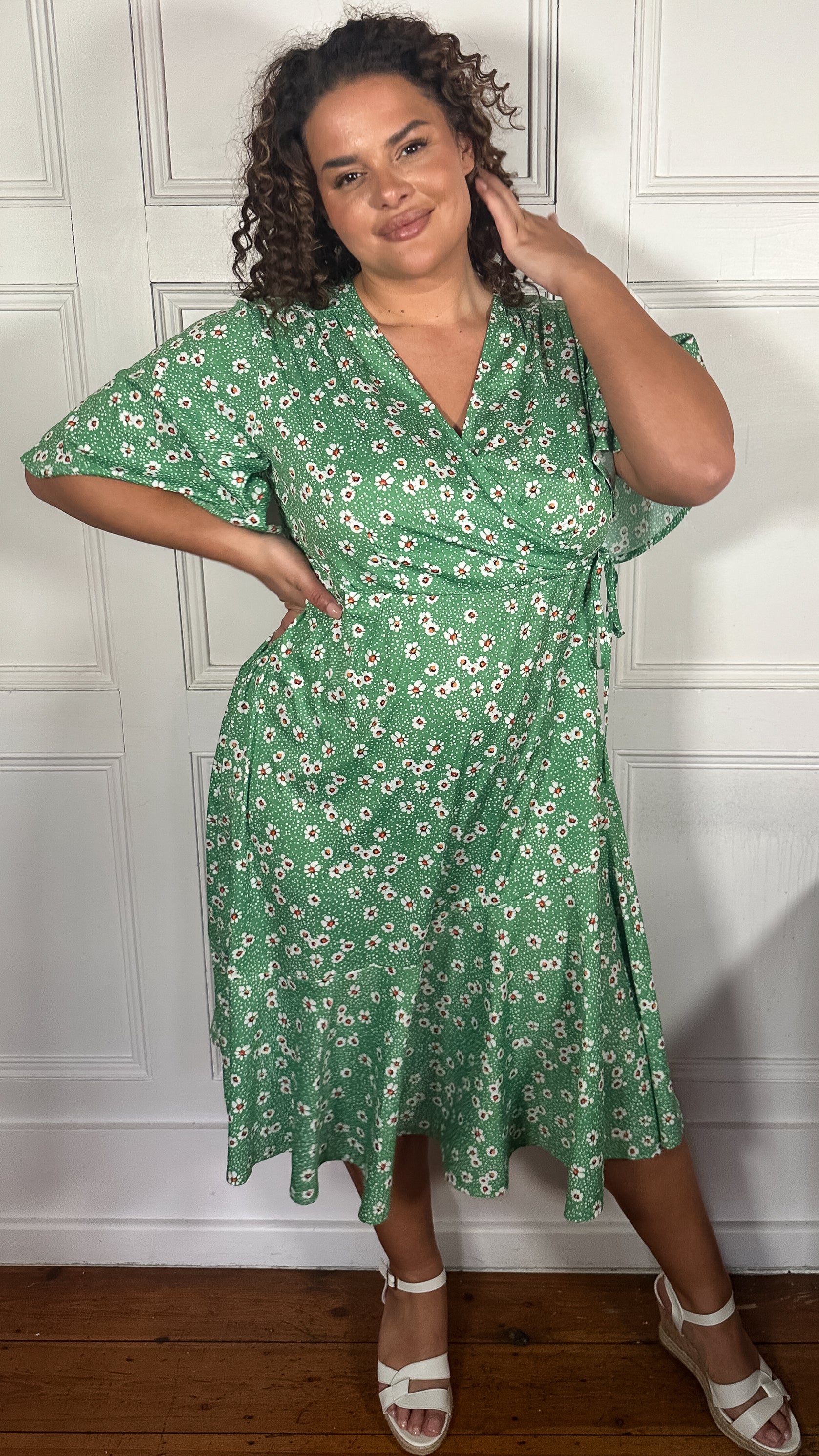 CurveWow Wrap Angel Sleeve Trapeze Midi Dress Green Ditsy