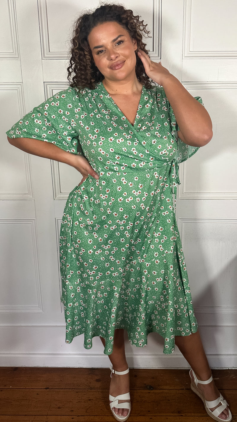 CurveWow Wrap Angel Sleeve Trapeze Midi Dress Green Ditsy