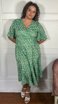 CurveWow Wrap Angel Sleeve Trapeze Midi Dress Green Ditsy