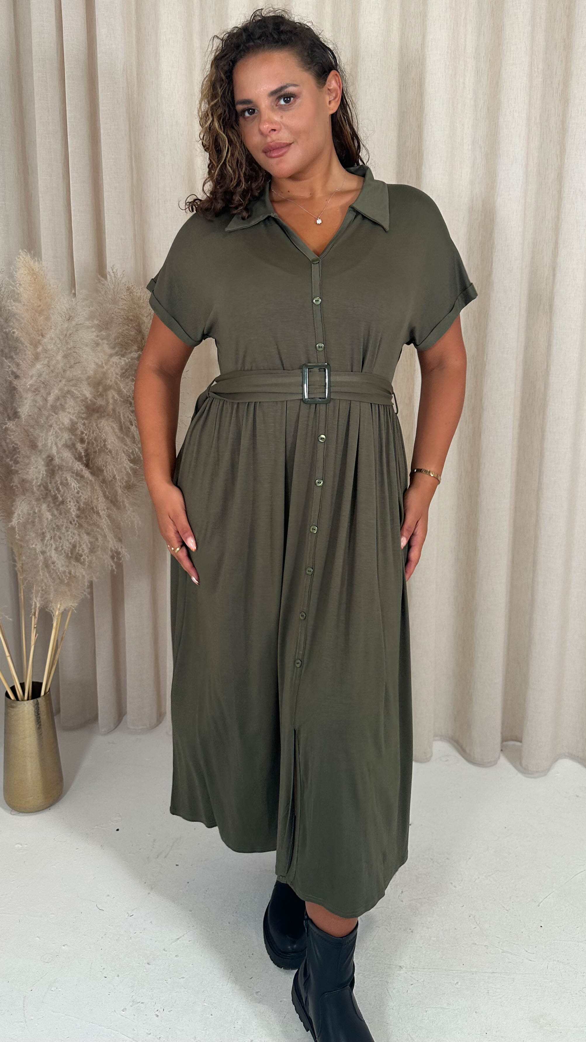 CurveWow Drop Shoulder Mock Placket Collar Midi Dress Khaki