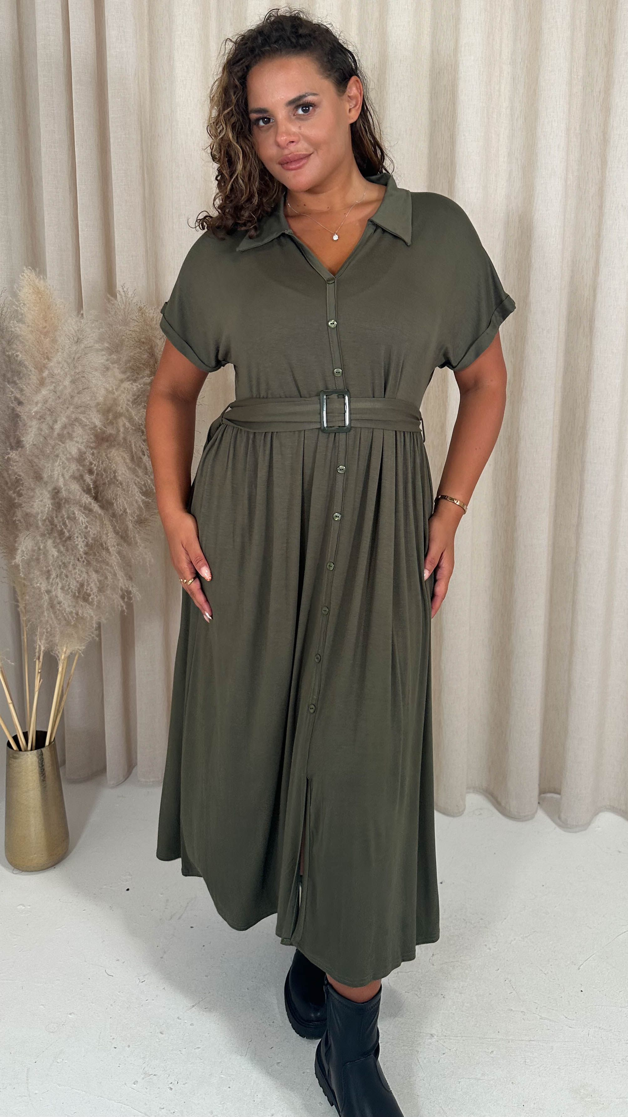 CurveWow Drop Shoulder Mock Placket Collar Midi Dress Khaki