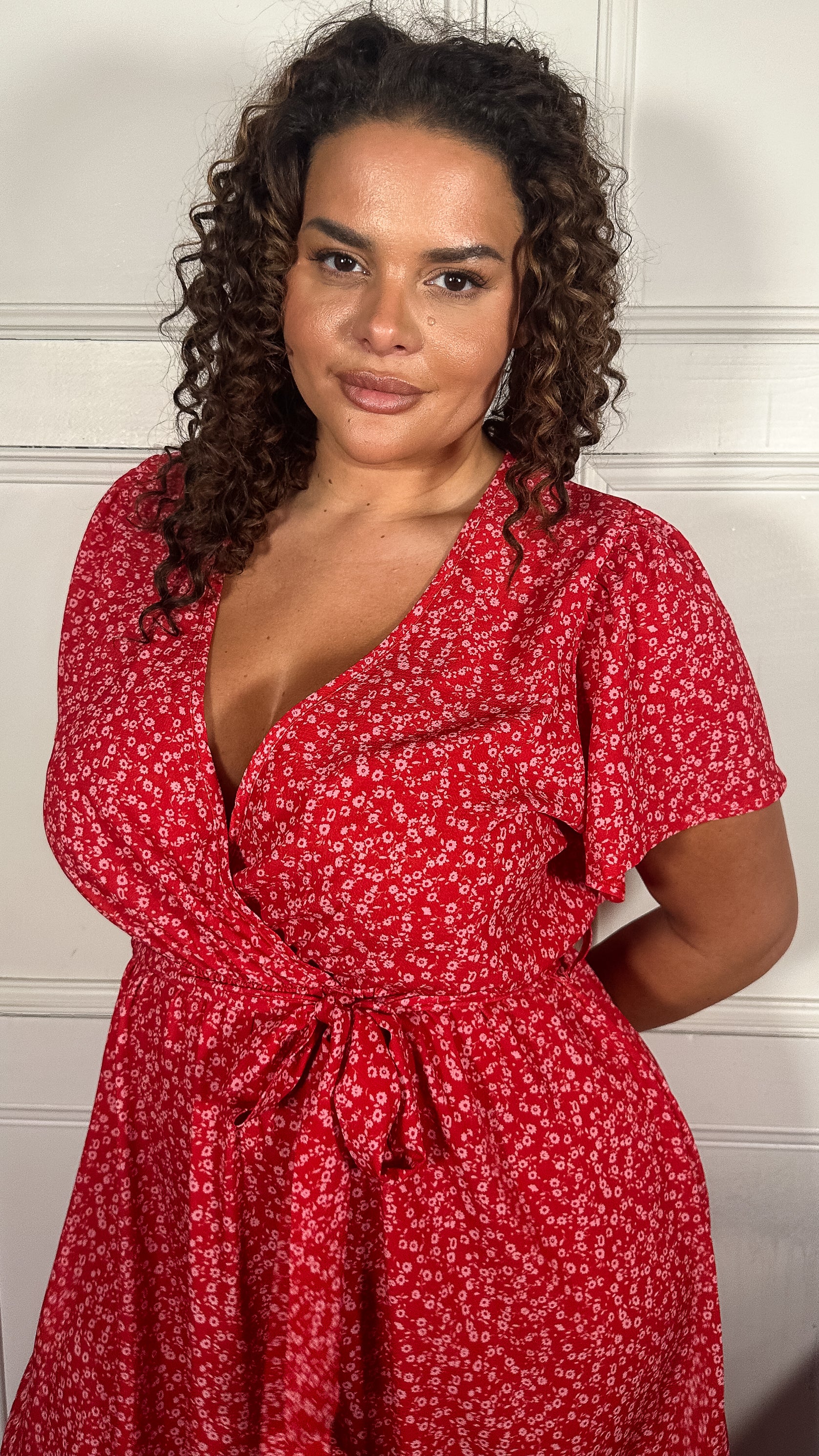 CurveWow Wrap Tea Dress Red Ditsy